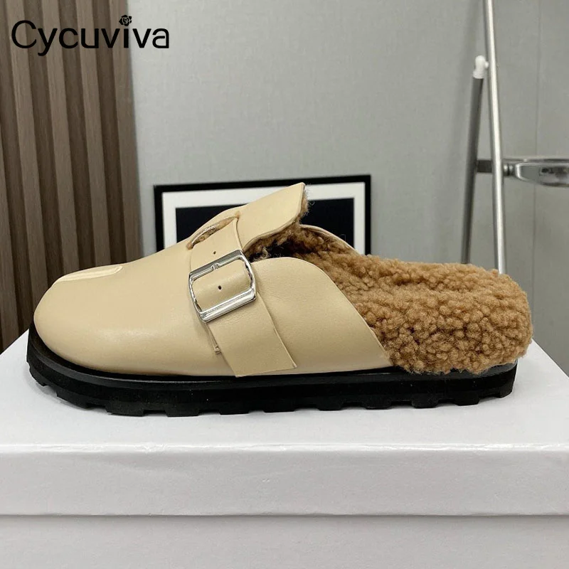 Hot Sale Leather Flat Slippers Women Split Toe Designer Wool Beach Walking Slides Winter Casual Party Dress Walking Shoes Women