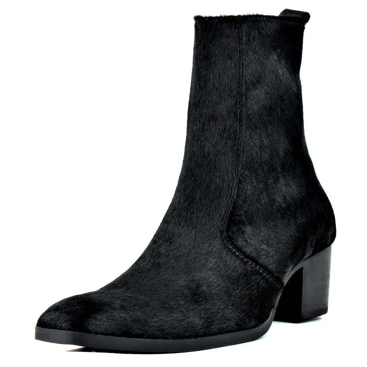 Handmade Customized Pionted Toe Men Real Fur Black Genuine Leather Slim Fit Zipper Denim Dress Boots
