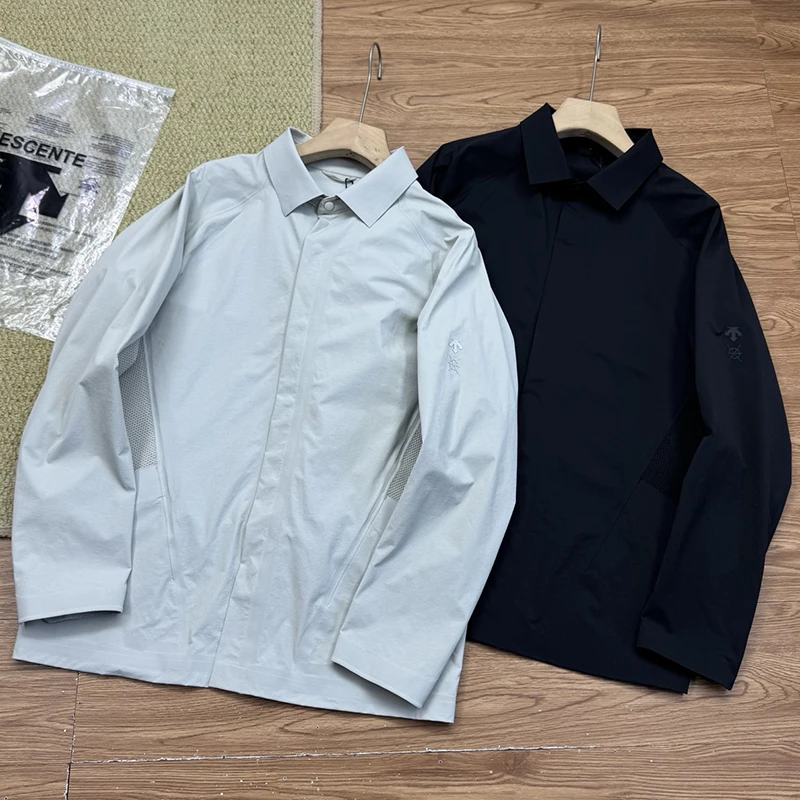 Waterproof men's shirt with lapel and long sleeved solid color top 2026 autumn fashion new item DESCENTE