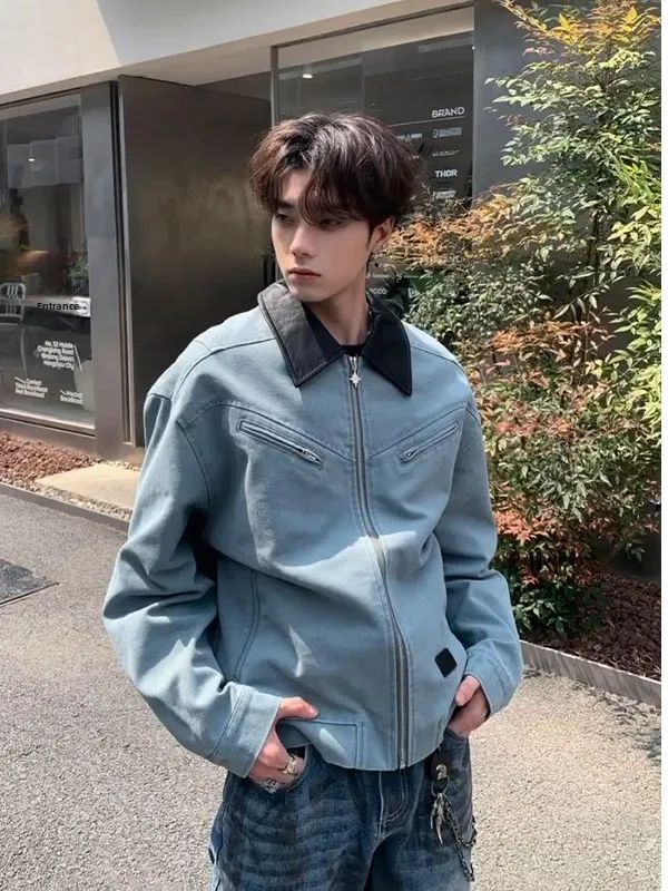 

Retro Waed Canvas Leather Patchwork Collar Denim Jaet Men's Autumn Stand Fit Workwear Jaet American Barn Sle