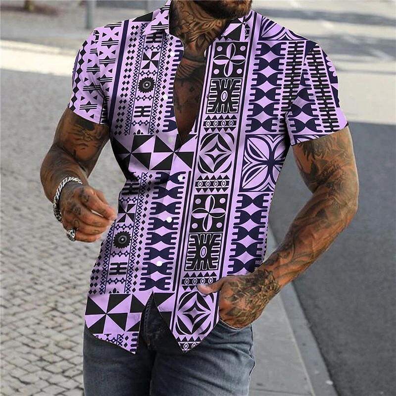 

Vintage Men's Tribal Geometric & Symbol Print Short Sleeve Shirt Fashion Retro Ethnic Graphic Summer Beach Blouse Unisex Tops