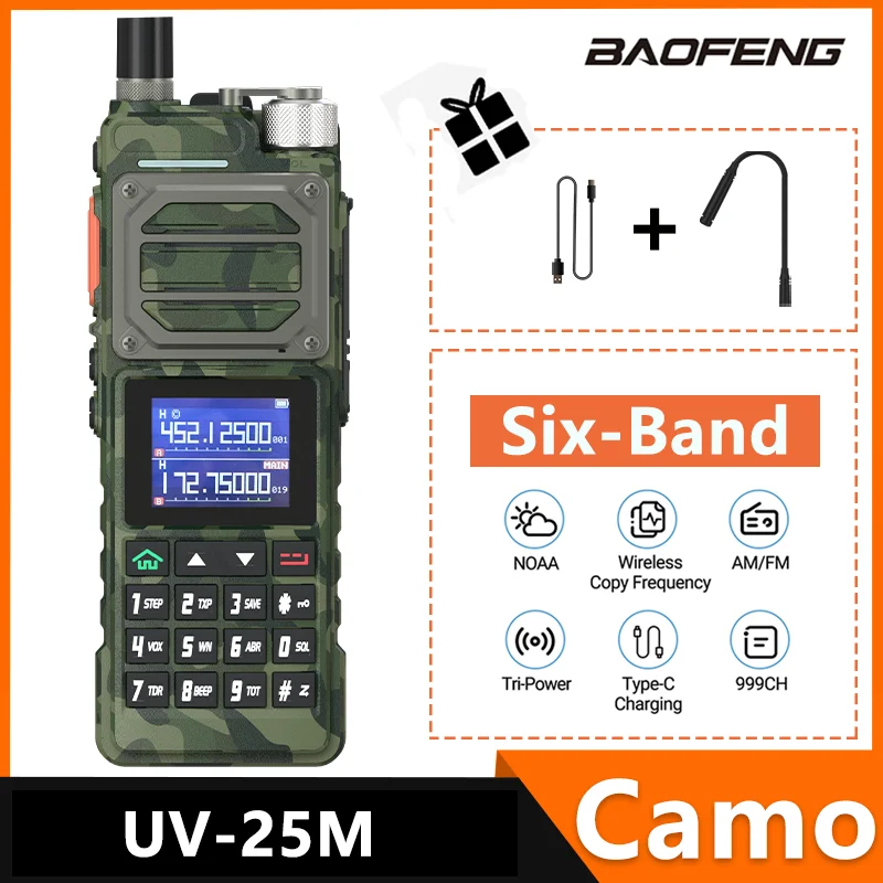 BAOFENG UV-25M Long Range Walkie Talkies Camo Super High Power Six Band 136-520MHz 999CH Type-C Charger Two Way Radio