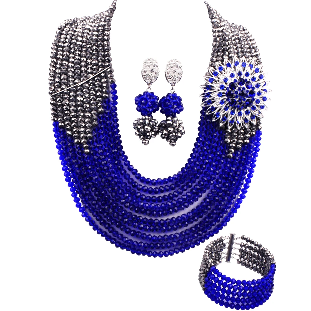 

Aczuv 10 Rows Royal Blue Women Necklace African Jewelry Set Crystal Beads Bridal Party Jewelry