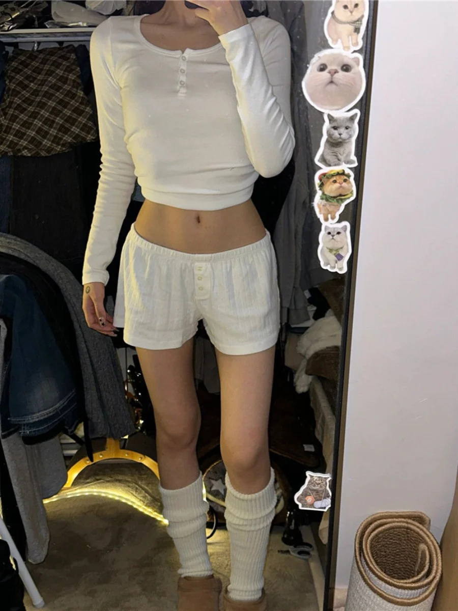 Women's Long Sleeve Cotton T-Shirt Spring Autumn Summer Elastic Shorts Four Corners Set Button up round Neck Short Length