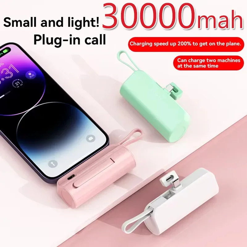 Mini Capsule Power Bank 30000mAh Fast Charging Built in Cable With Bracket Portable External Battery For Type-c iPhone Xiaomi