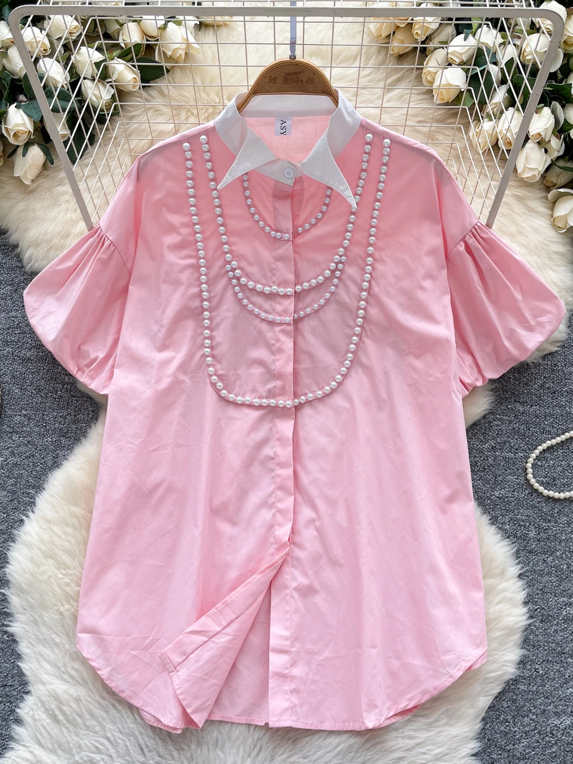 

Faionable Heavy-Du Beaded Lantern Sve Single-Button Casual irt Women's Loose Summer Versatile Top Korean Sle Commu...