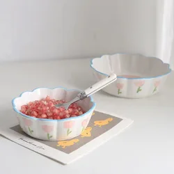 Net Red Air Fried Pot Special Bowl Ceramic Fruit Salad Bowl Breakfast Dessert Cute High Beauty Tulip Soaking Noodle Bowl