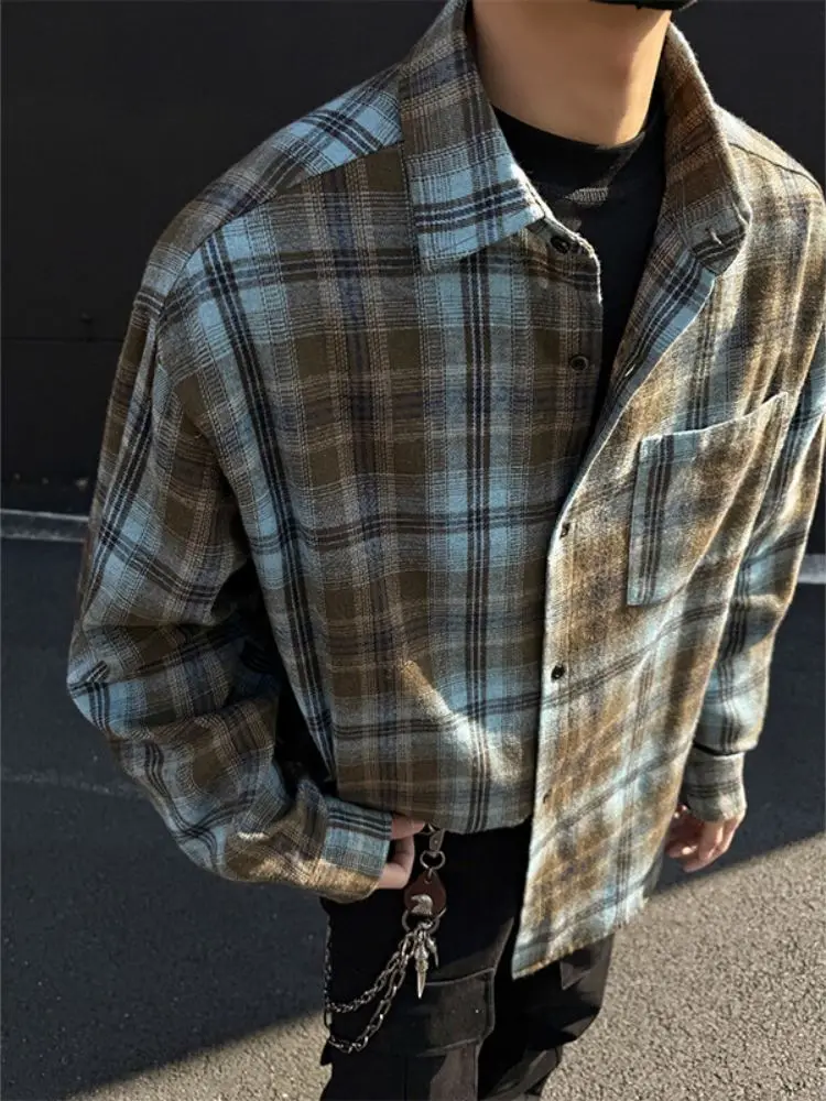 

Plaid Long Sve irt Men's Spring Autumn American Retro Cleanfit Top Youth Casual Jaet Trendy Button down irt