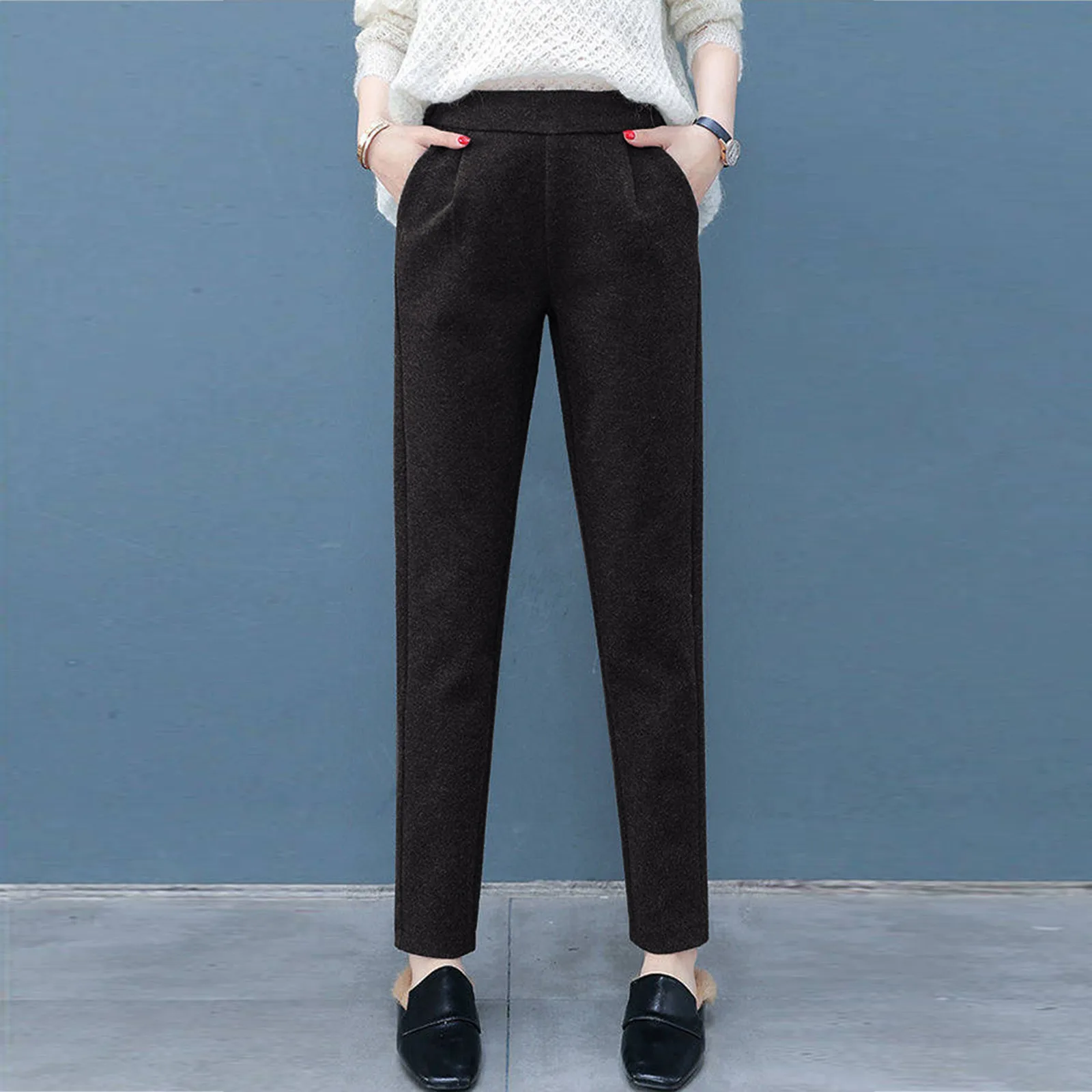 

3 Colors Woolen Pants Women'S Harem Pencil Pants 2024 Autumn Winter High Waist Elastic Korean Style Lady Suit Pants Trousers