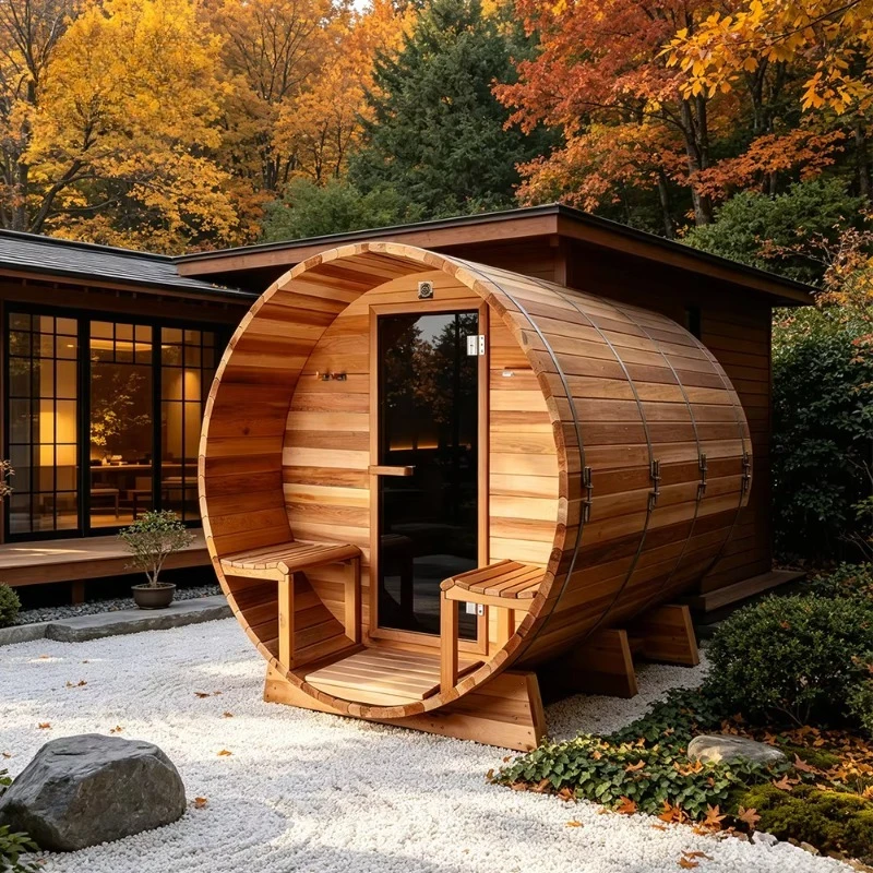 Precision Engineered Luxury Spa Custom, Single Piece Red Cedar Outdoor Barrel Sauna Certified Smart System for Swiss Household