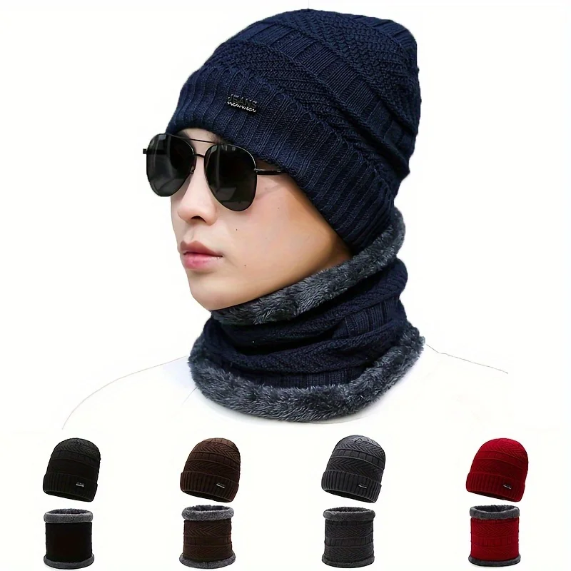 Chapéu cachecol de malha de lã para homens e mulheres Skullies, gorros quentes, máscara Balaclava, capota inverno