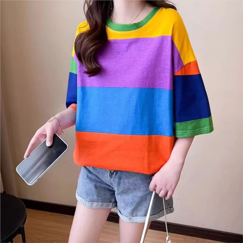 Korean Rainbow Stripes Printed T-shirt Women O-Neck All-match oversized t shirt Fashion Loose Tops Short Sleeve t shirts NS5857