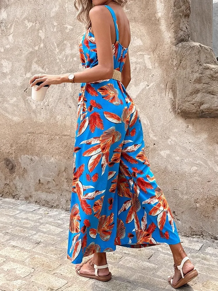 Plus Size Print Wide Leg Sashes Jumpsuit New Women's Fashion Elegant Spaghetti Strap Office High Waist Casual Long Jumpsuits
