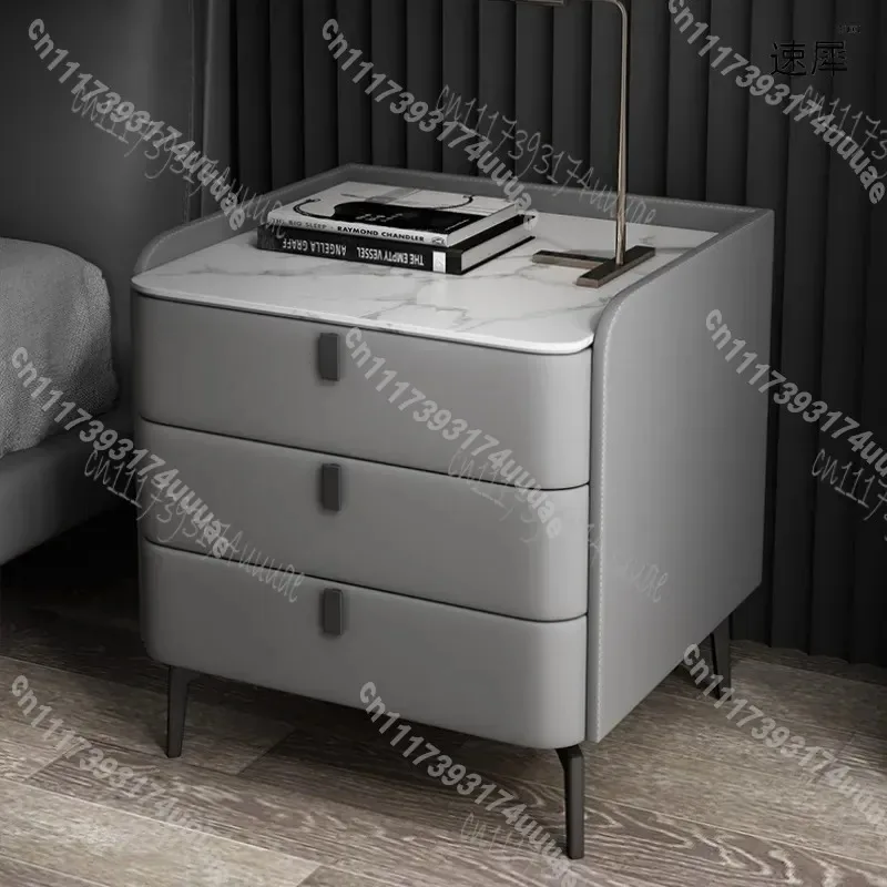 Modern 3 Drawer Bedside Table Solid Wood Nightstand Faux Leather Sintered Stone Top Side Storage Cabinet for Bedroom