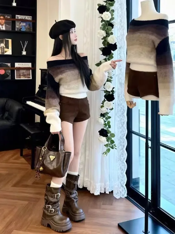 

Unique Retro adient Color oulder Bared Sweater Lazy Sle Faionable ort Top Spring 2026 Women's Knittedwear