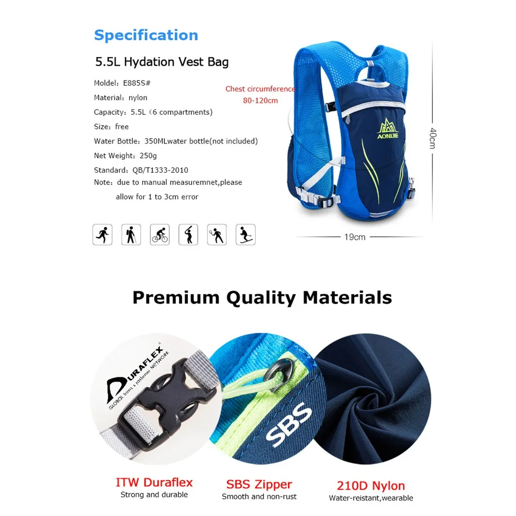 AONIJIE Newest E885 Hydration Backpack Rucksack Bag Vest Harness For 2L Water Bladder Hiking Camping Running  Race Sport 5.5L