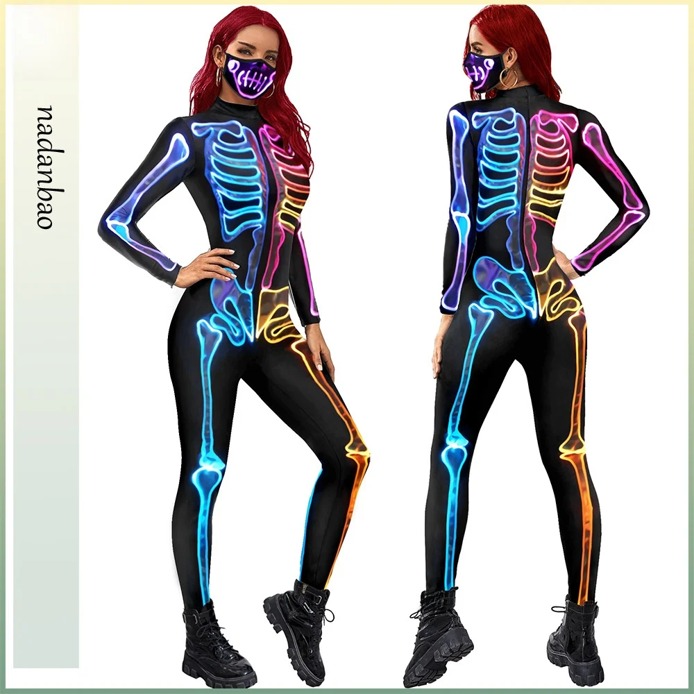 2025 جديد الهيكل العظمي طباعة تأثيري طويل Sve بدلة للجسم loween السيدات بذلة ضيقة تناسب المرأة قطعة واحدة البدلة