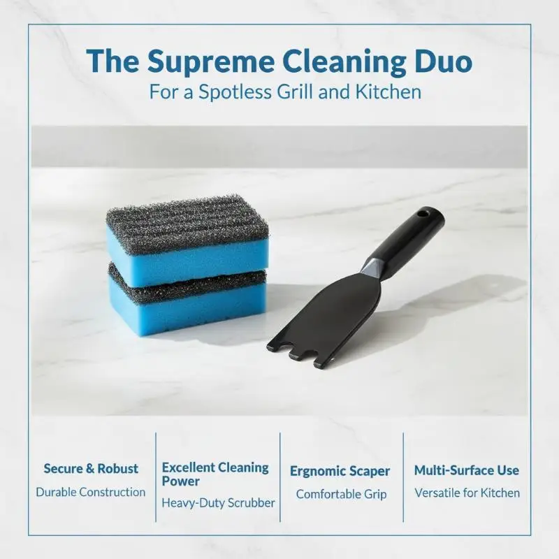 3Pcs Grill Scraper Sponge Set Anti-Slip Handle Griddle Cleaning Tools for Grooved Grill Pans Home Cooking