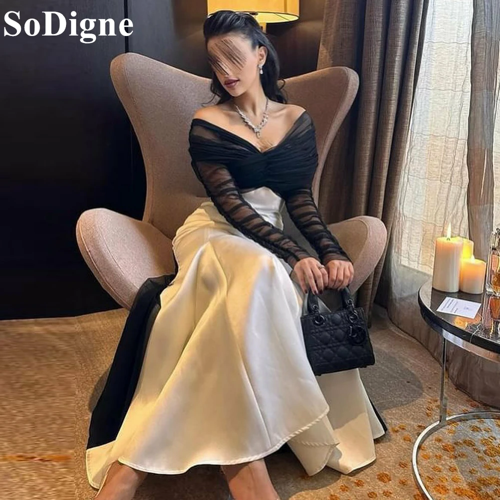 SoDigne Elegant Black and Ivory Satin Evening Dresses Long Tulle Sleeves Mermaid Off Shoulder 2024 Formal Prom Gowns for Women