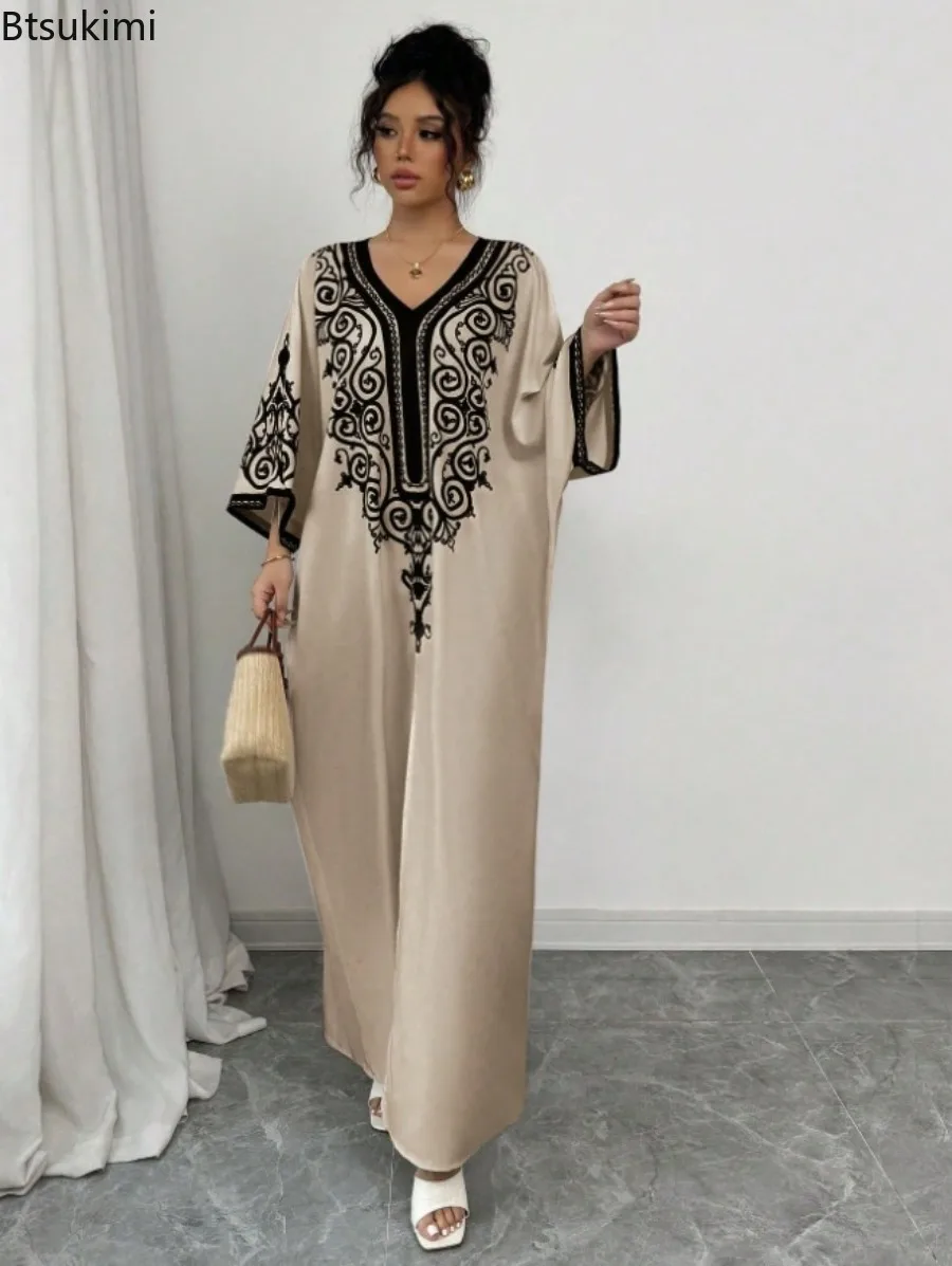 

Muslim Maxi Dresses for Women V Neck Loose Robe Party Jalabiya Ramadan Elegant Dress Vestidos Largos Arab Morocco Kaftan Abayas