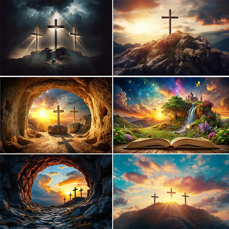 Christmas Day Jesus Good Friday Cross  Photography Backdrop Props Heaven Party Decor Family Mountain Landscape Background HQ-07