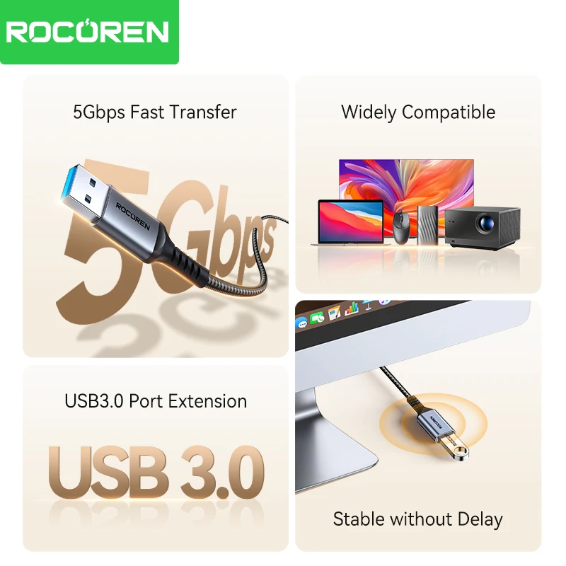 Rocoren USB Extension Cable USB 3.0 5Gbps Fast Transfer Cable Extender Cord Male to Female Data Transfer Lead For Laptop TV PS5