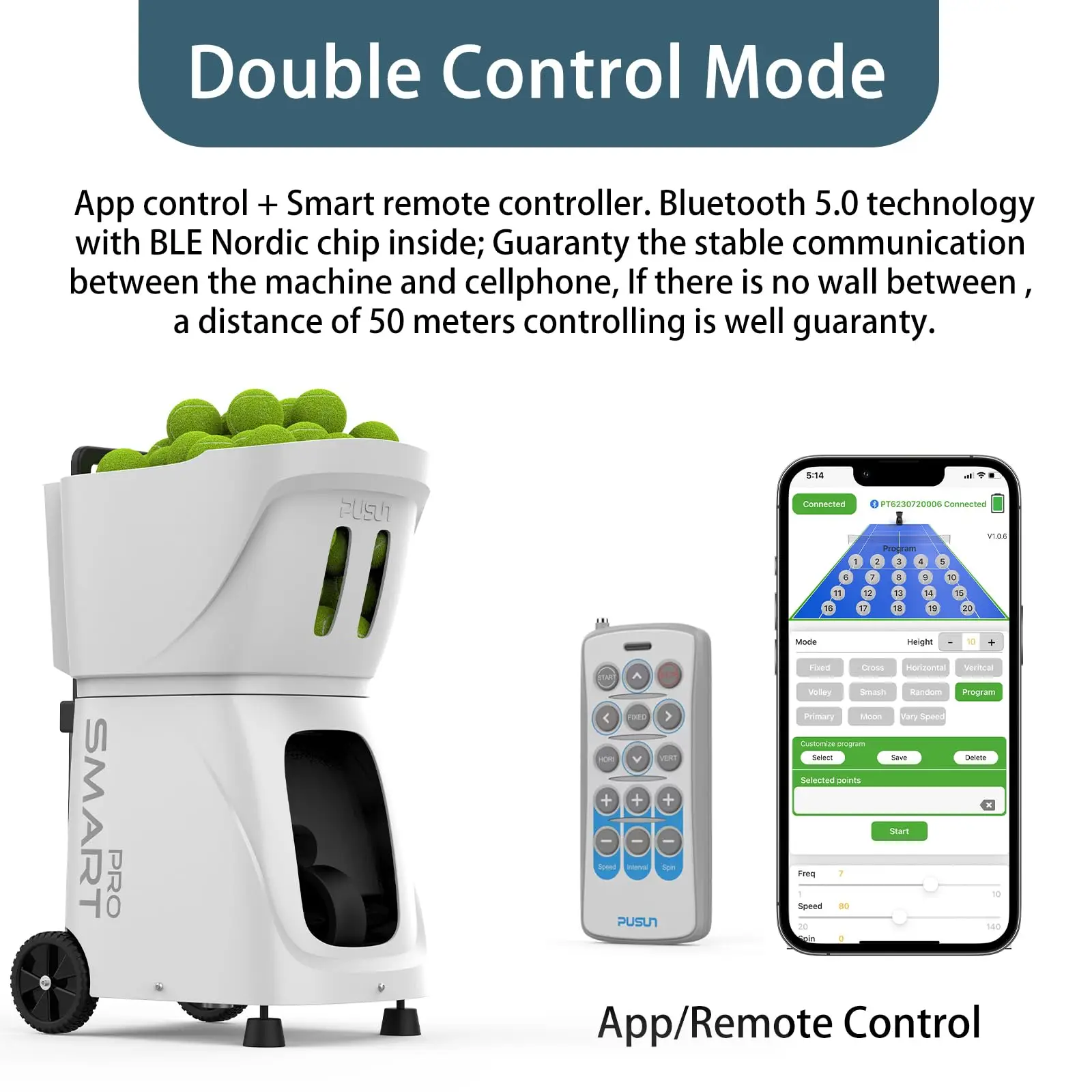 آلة كرة التنس PT-SAMRT Pro-Internal Spin - التحكم الذكي في التطبيقات - سعة 100+ كرة - معدات التدريب الاحترافية - حقيقية