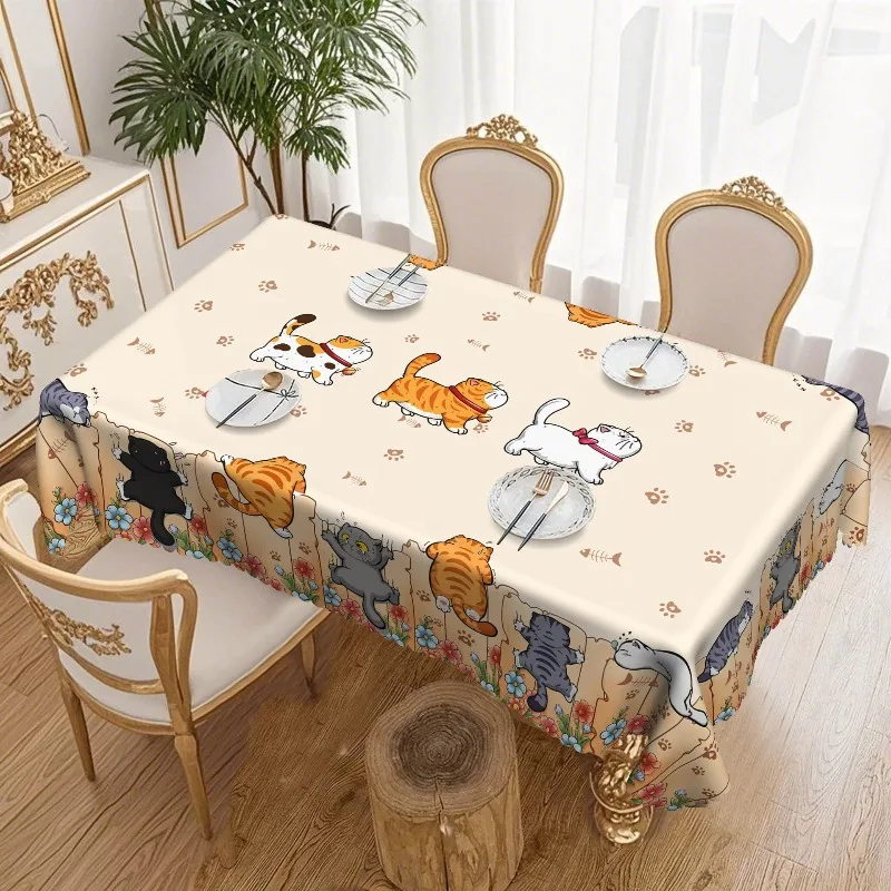 Cartoon Cat Print Tablecloth Lovely Kitten Paw Fish Pattern Scalloped Edge Table Cover for Home Kitchen Dining Table Decor