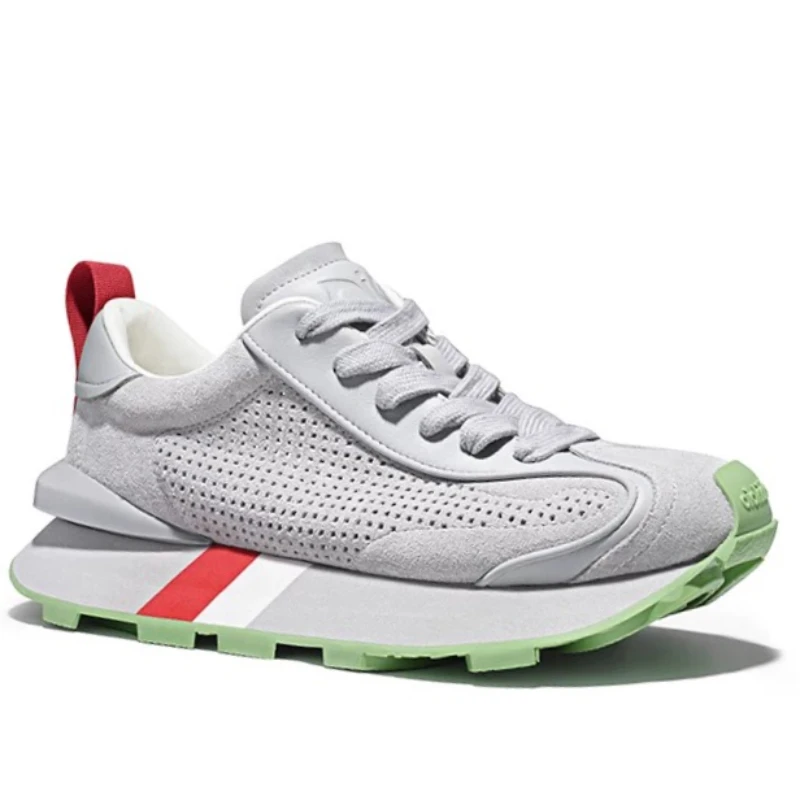 Summer Mesh Breathable Perforated Increase Shoes Men's Genuine Leather Comfortable Anti-Slip Thick Soled Casual Sneakers Women's