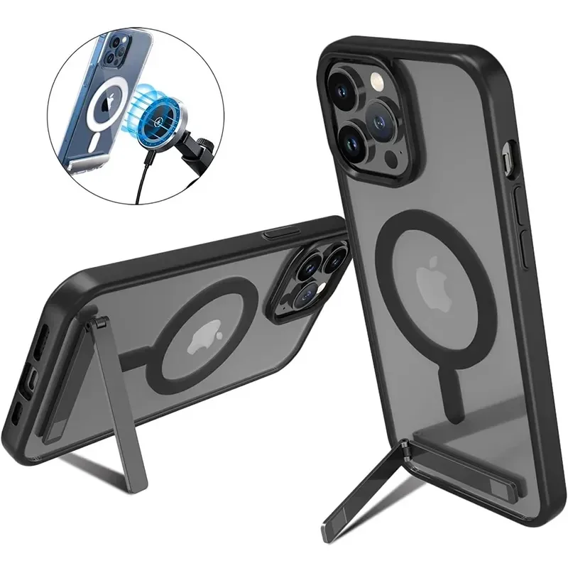 UYUXIO Magnetische Handyhülle mit Ständer, transparent, schwarz, Ständerabdeckung mit Halterung für iPhone 17 Pro Max 16 15 14 13 12 Mini