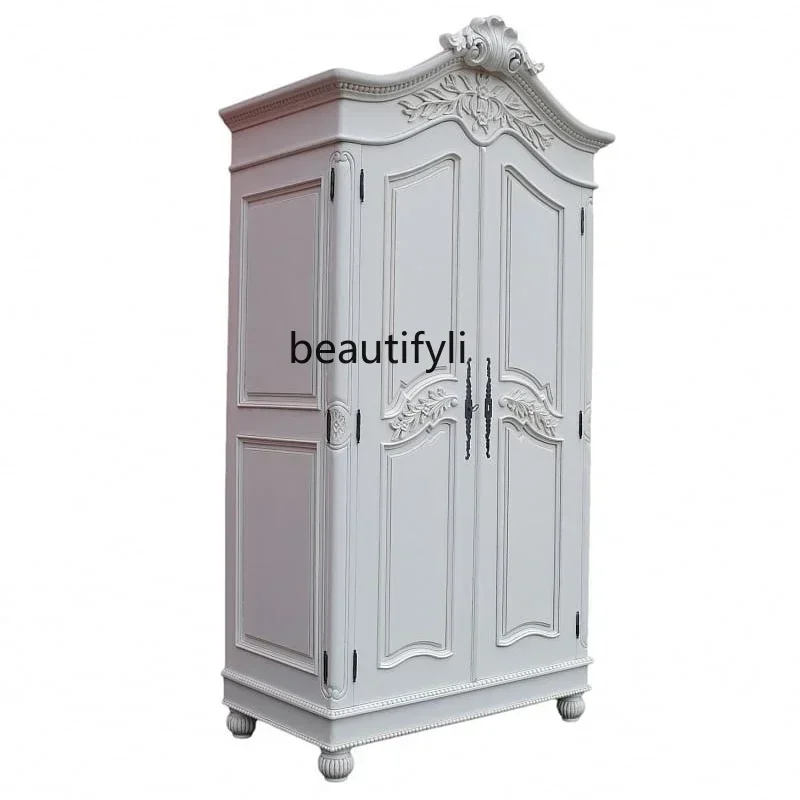 

X Solid wood wardrobe American retro carved old double door wardrobe bedroom white storage cabinet