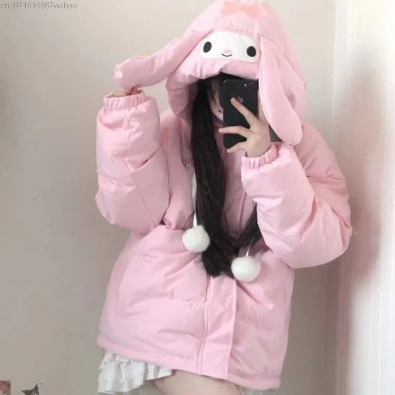 Sanrio Melody Kawaii Sweet Pink Down Coat for Women Y2k Trendy Parkas Korean Style Winter Hooded Cotton Padded Jacket Clothes