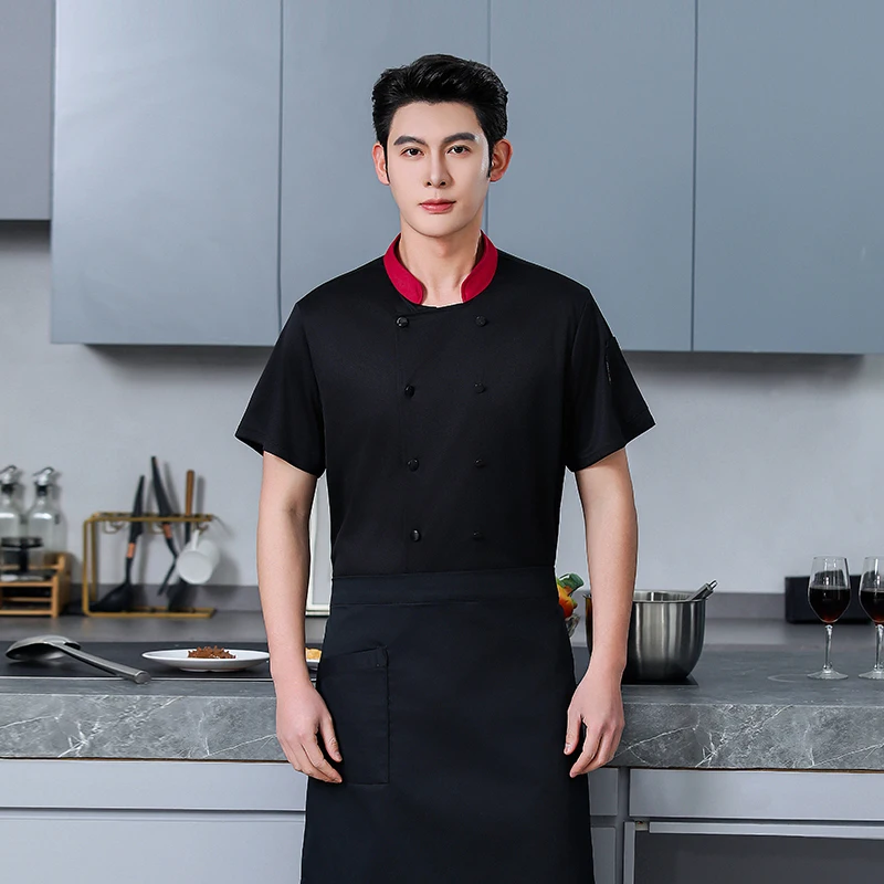 الرجال قصيرة الأكمام سترة الطاهي المطبخ العمل موحدة تنفس مطعم الشيف معطف المئزر الأبيض ملابس العمل الشيف السراويل الصيف