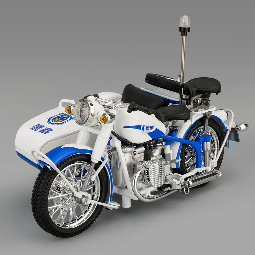 1/10 Scale Alloy Police Side-Car Motorcycle Model Diecast Metal Classic Tricycle Car With Sound Light Pull-Back Collectible Gift