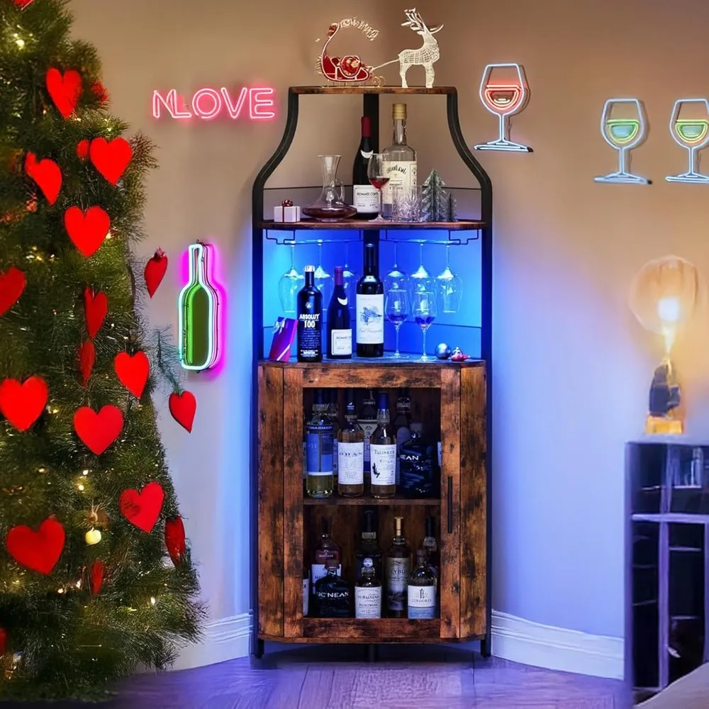 Eck-Barschrank mit LED-Licht, Weinbarschrank und Glashalter, 5-stufiger Stauraum, Eckschrank für Spirituosen, industrieller Wein