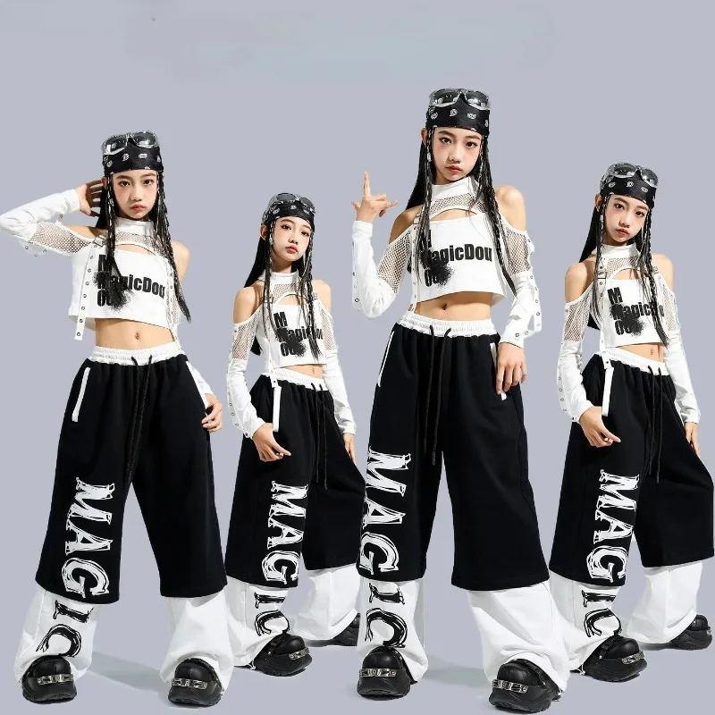 

Hip Hop Girls Off Shoulder Crop Top Letters Dance Contrast Pants Kids K-pop Streetwear Costume Child Jazz Girl Group Clothes Set