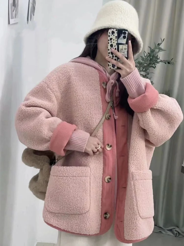 Korean Winter Patchwork Vintage O-Neck Women Coats Loose Short Sweet Thickening Long Sleeve Jacket Chic Outwear Top Clothing