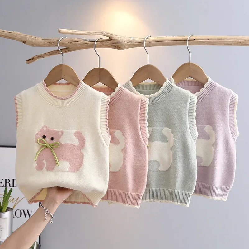 

Fashion Fall Winter Knitted Sweaters Girls Casual O-Neck Pullover Vest All-match Sleeveless Girl Cat Pattern Tops Jumper