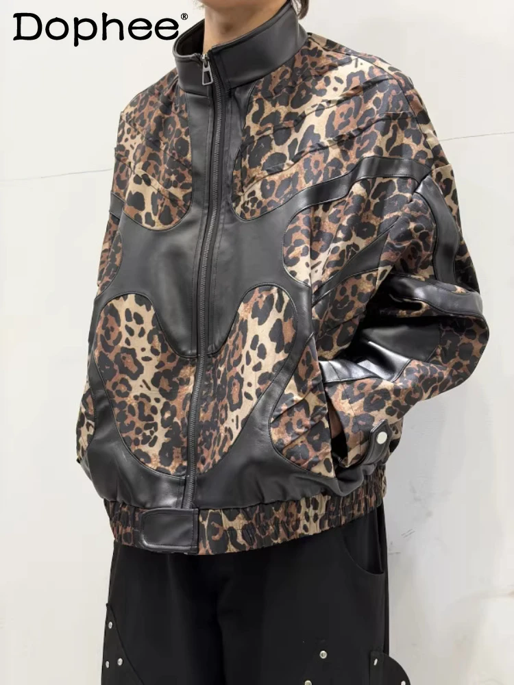 

Fashion Leopard Splicing Jackets Men's 2026 Spring New Stand Collar Motorcycle Style Design Jackets Handsome Long Sleeve Coats