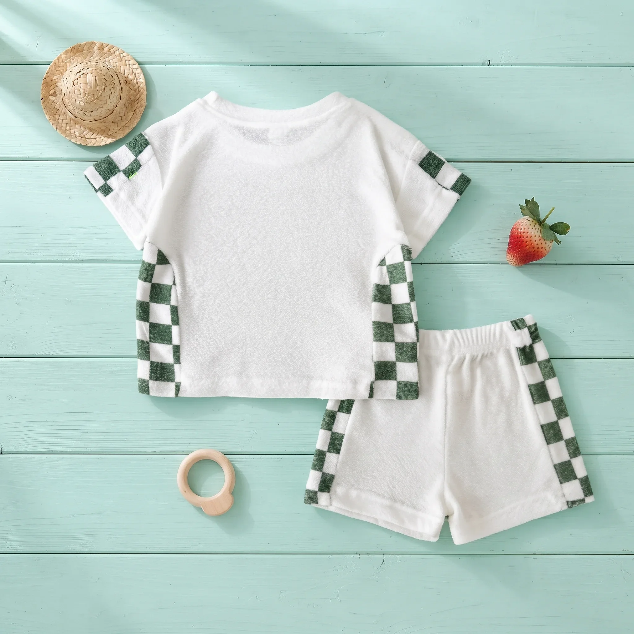 2Pcs Summer Children's Green and White Checkerboard Pattern Shorts Short Sleeve Suit Boy Top Girl Short Casual Style Set 0-3Y