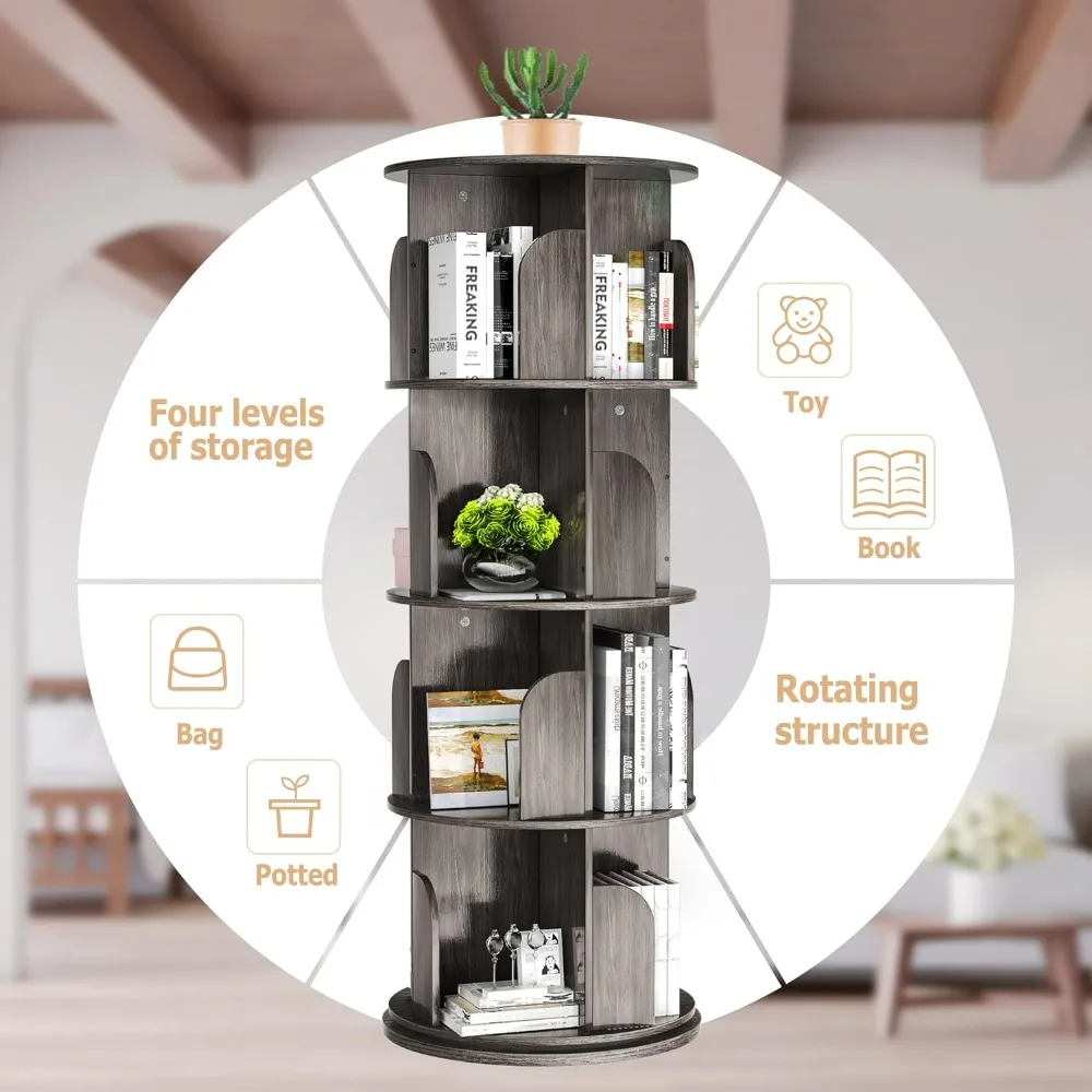 Rotating Bookshelf,Rotating Bookshelf Tower for Small Space,360Display 4Tier Floor Standing Storage Rack,Wood Narrow Book Shelf