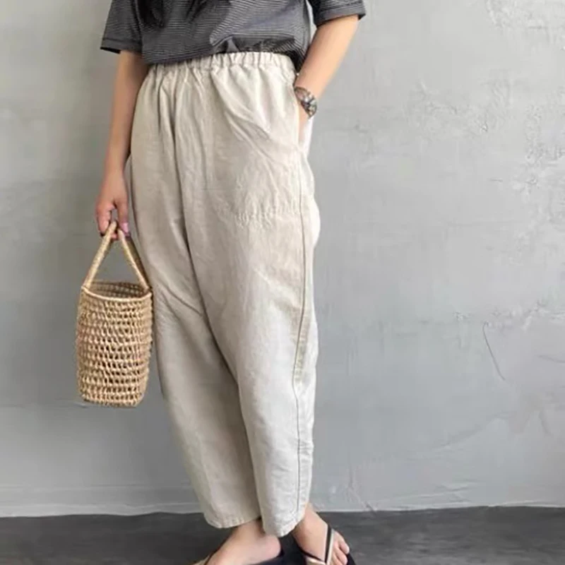

New 2026 Summer Pure Color Casual Loose Cotton Linen Comfortable Elastic Straight Leg Pants Women's Fashion Natural Waist