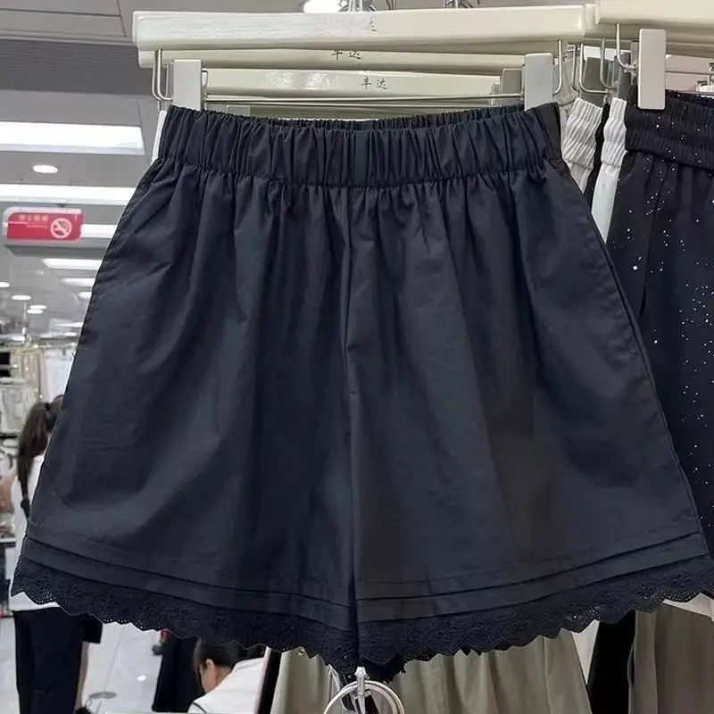 Wide Leg Shorts for Women Lace Trim Patchwork High Waisted Thin A Line Pockets Shorts Comfortable Home Outdoor Bottoms Shorts