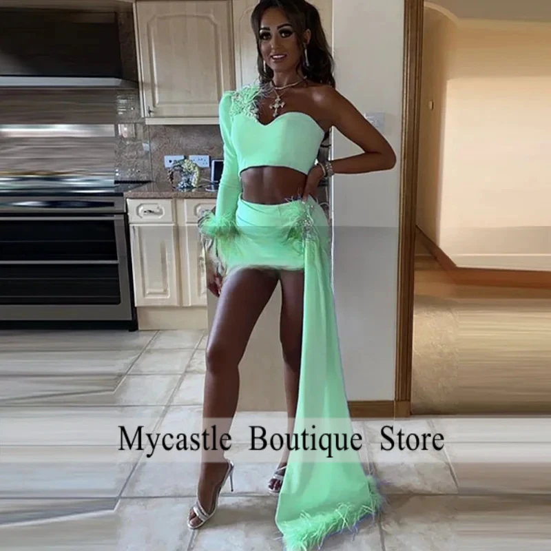 

Two Piece Short Prom Dresses Feather Appliques Single Long Sleeves One Shoulder Waistline Cap Customized Sheath Party Dress
