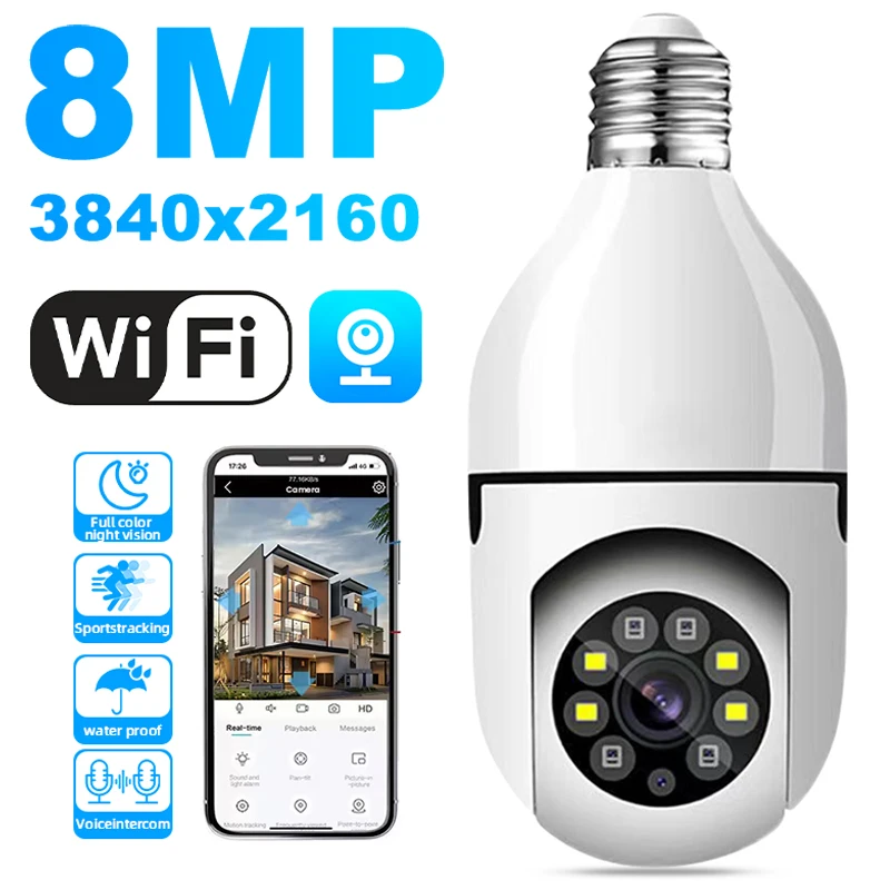 E27 Bulb Camera 8MP Surveillance Camera 4X Digital Zoom AI Human Motion Detect Full Color Night Vision home Security Monitor