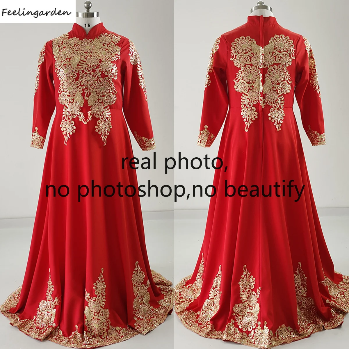 Feelingarden Muslim Evening Dress Real Photo Plus size Red Golden Appliques high neck A-Line Floor length Lady Party Gowns K341