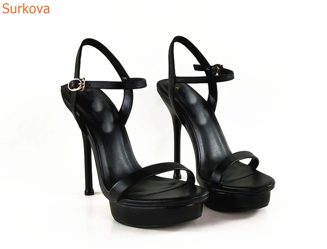 

Platform Round Toe Women Sandals Solid Black Stiletto Heels Slingback Buckle Strap Runway Show Fashion Sexy Party Women Shoes