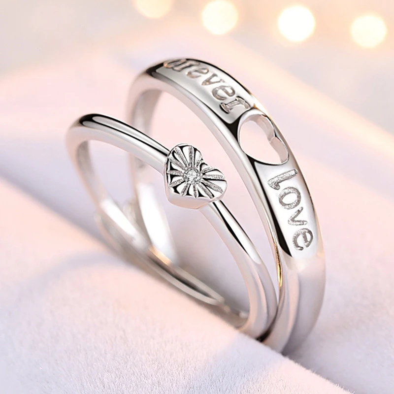 

Non fading pure silver ring niche design heart-shaped couple ring adjustable opening for men and women's ring accessories