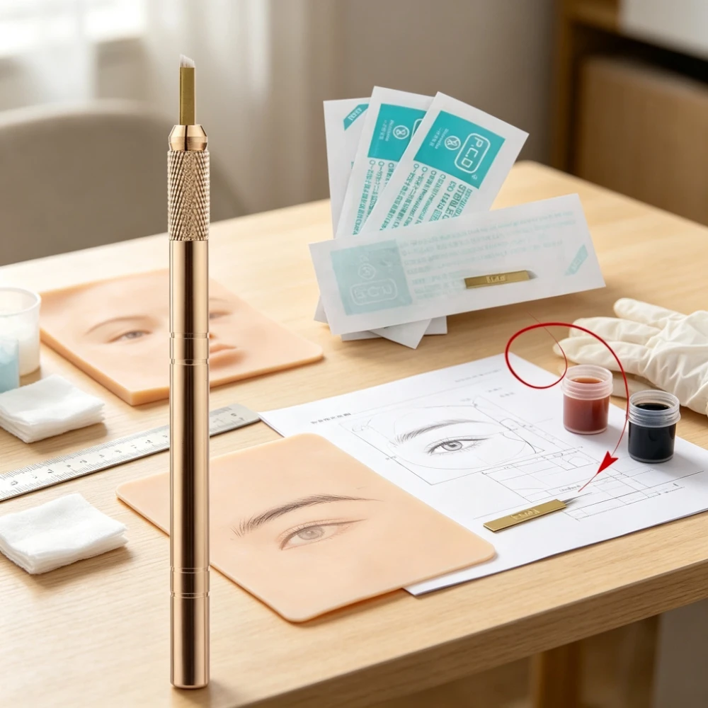 Tattoo Pen Manual Set 1pcs Golden Tebori Tattoo Pen with 5pcs 12 Pins Microblading Tattoos Needles Permanent Makeup Eyebrow Set