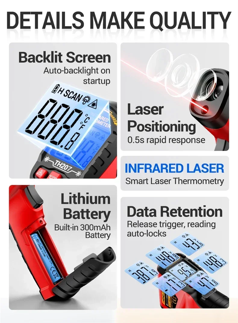 Infrarot-Laserthermometer -50~400 ° C Wiederaufladbares ANENG TH207 Hochsensibles Industriequalitäts-Berührungsloses Digitalprüfgerät – Detail 8